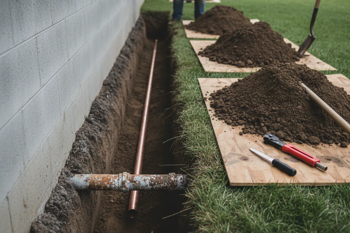 Excavated water line trench during Sewer Line Repair in Ravenna